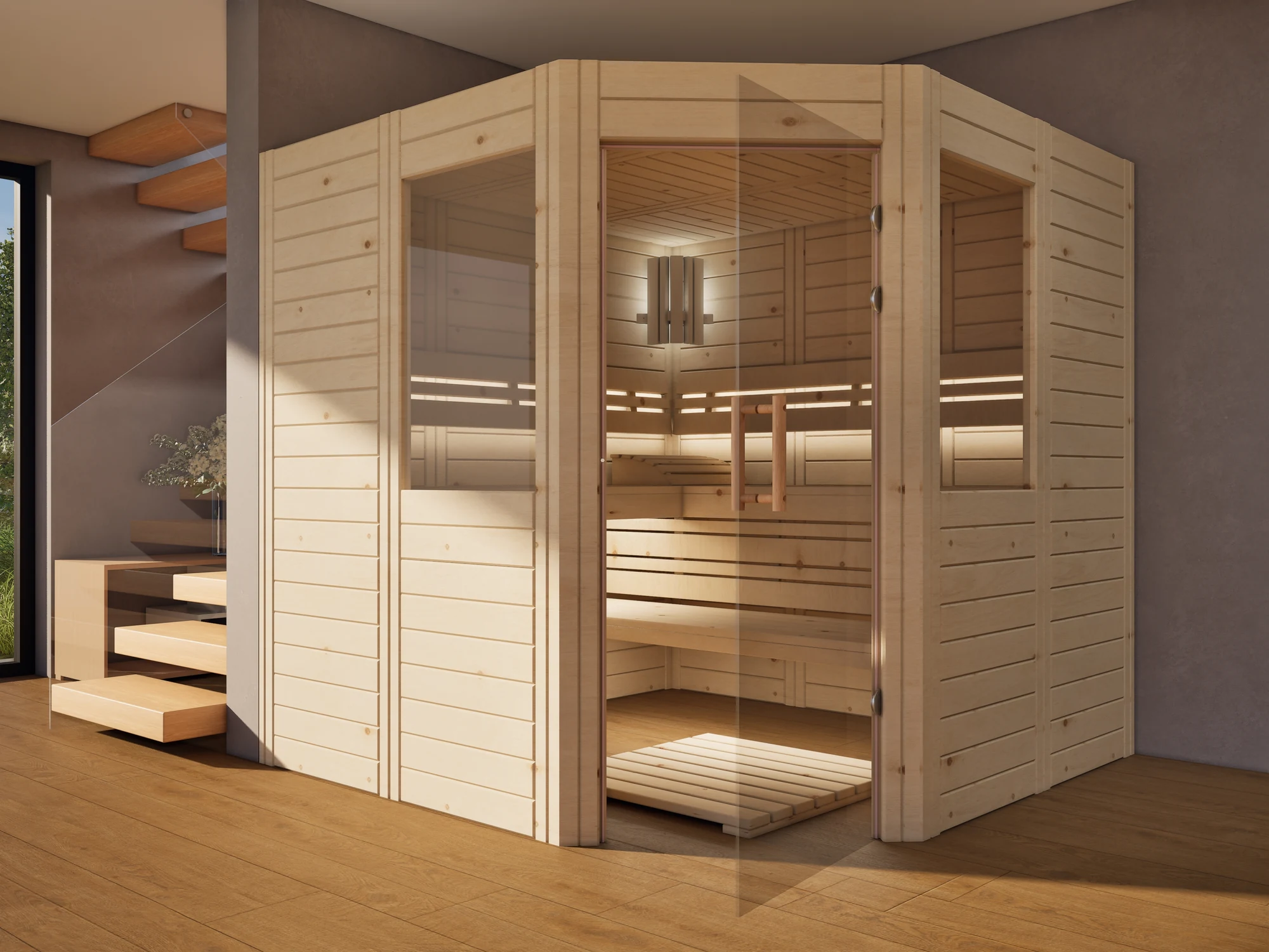 polarholz-athen-ecksauna-zirbe-5-eck-massivholz-led image 2