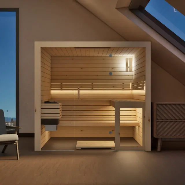 polarholz-kristall-sauna-zirbenholz-glasfront-mit-ofen-set image 1