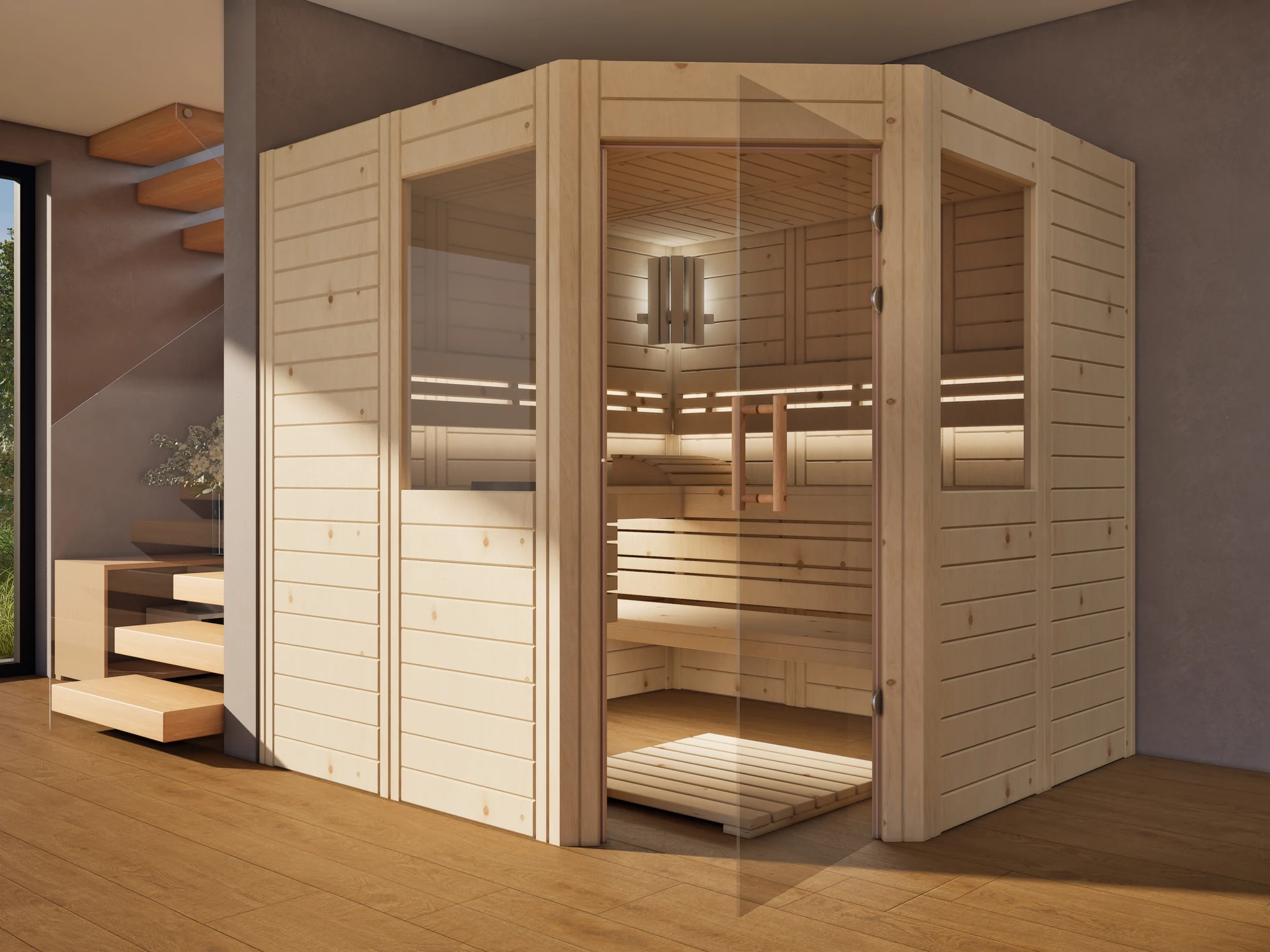 polarholz-athen-ecksauna-zirbenholz-ma-5-eck-ofen-set image 3
