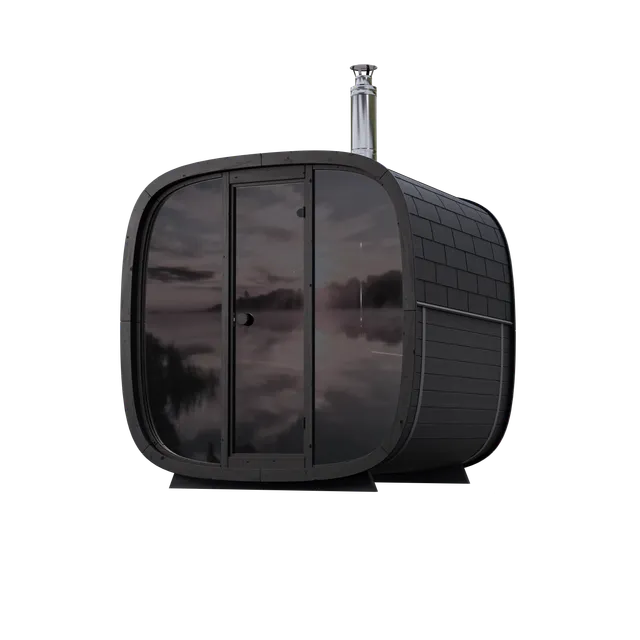 leil-black-cube-comfort-gartensauna-6-personen-schwarz-glasfront image 1