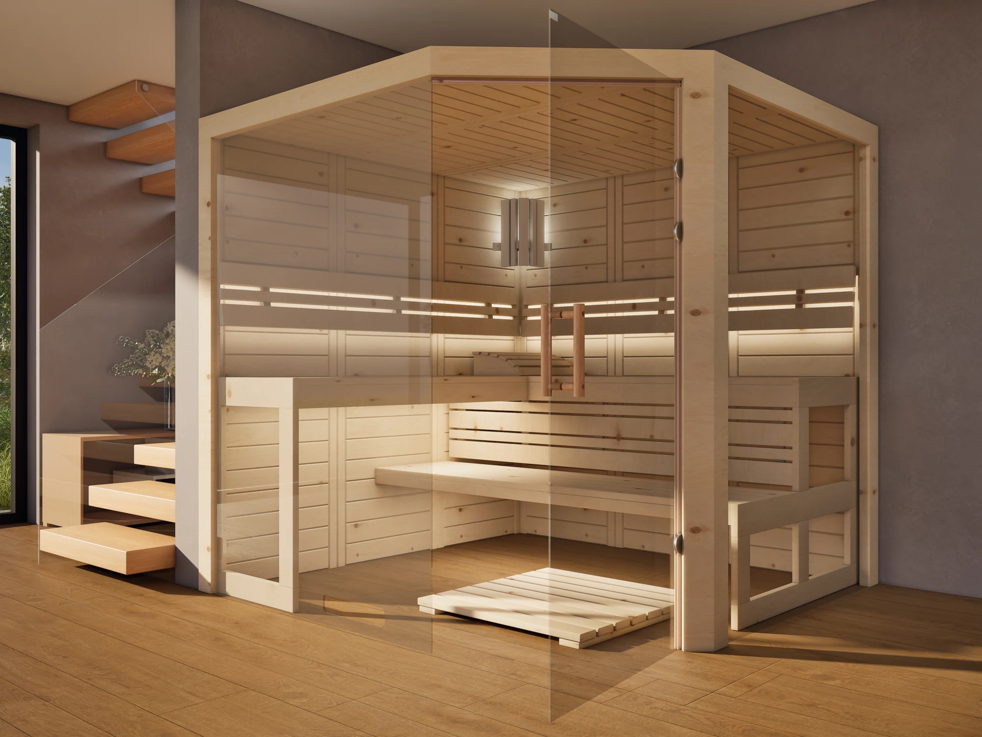 polarholz-athen-ecksauna-nach-ma-zirbenholz-5-eck-glas image 2