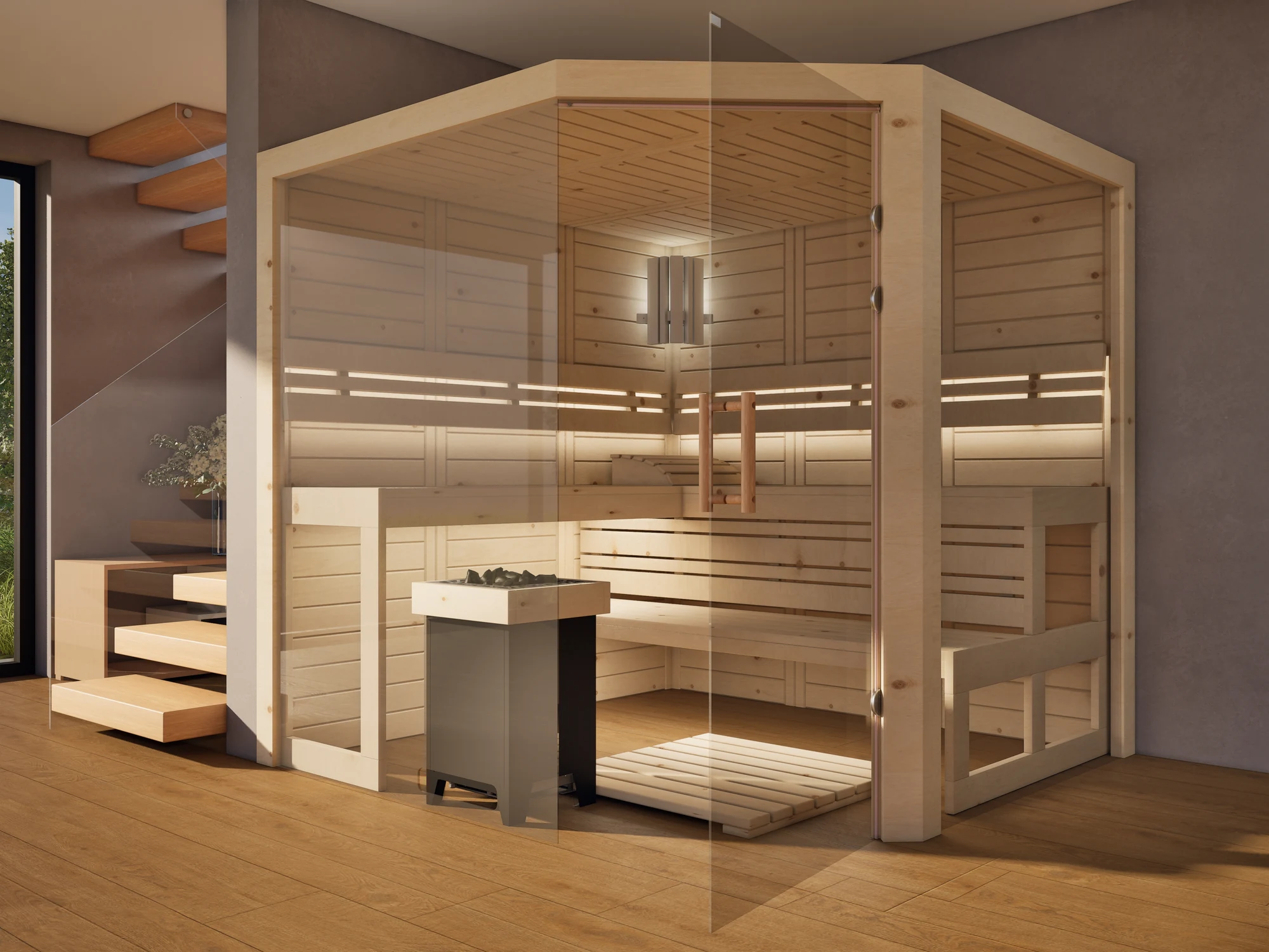 polarholz-athen-ecksauna-zirbenholz-5-eck-glas-ofen-set-ma image 3