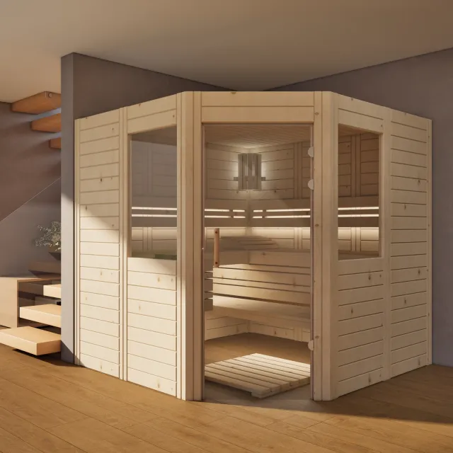 polarholz-athen-ecksauna-zirbenholz-ma-5-eck-ofen-set image 1