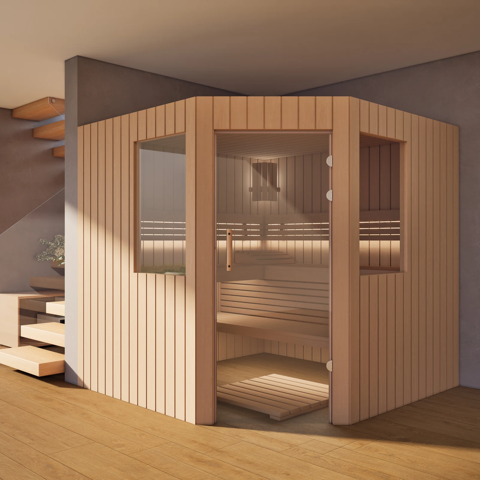 polarholz-athen-ecksauna-erle-5-eck-nach-ma-mit-ofen-set image 1
