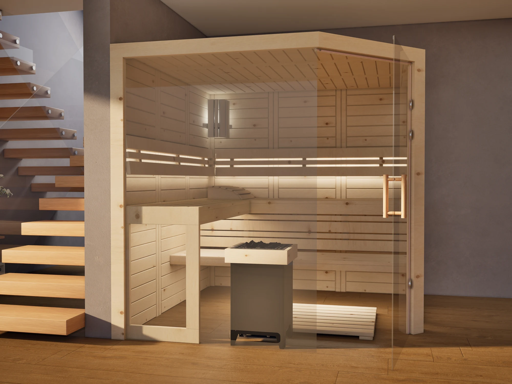 polarholz-athen-ecksauna-zirbenholz-5-eck-glas-ofen-set-ma image 4