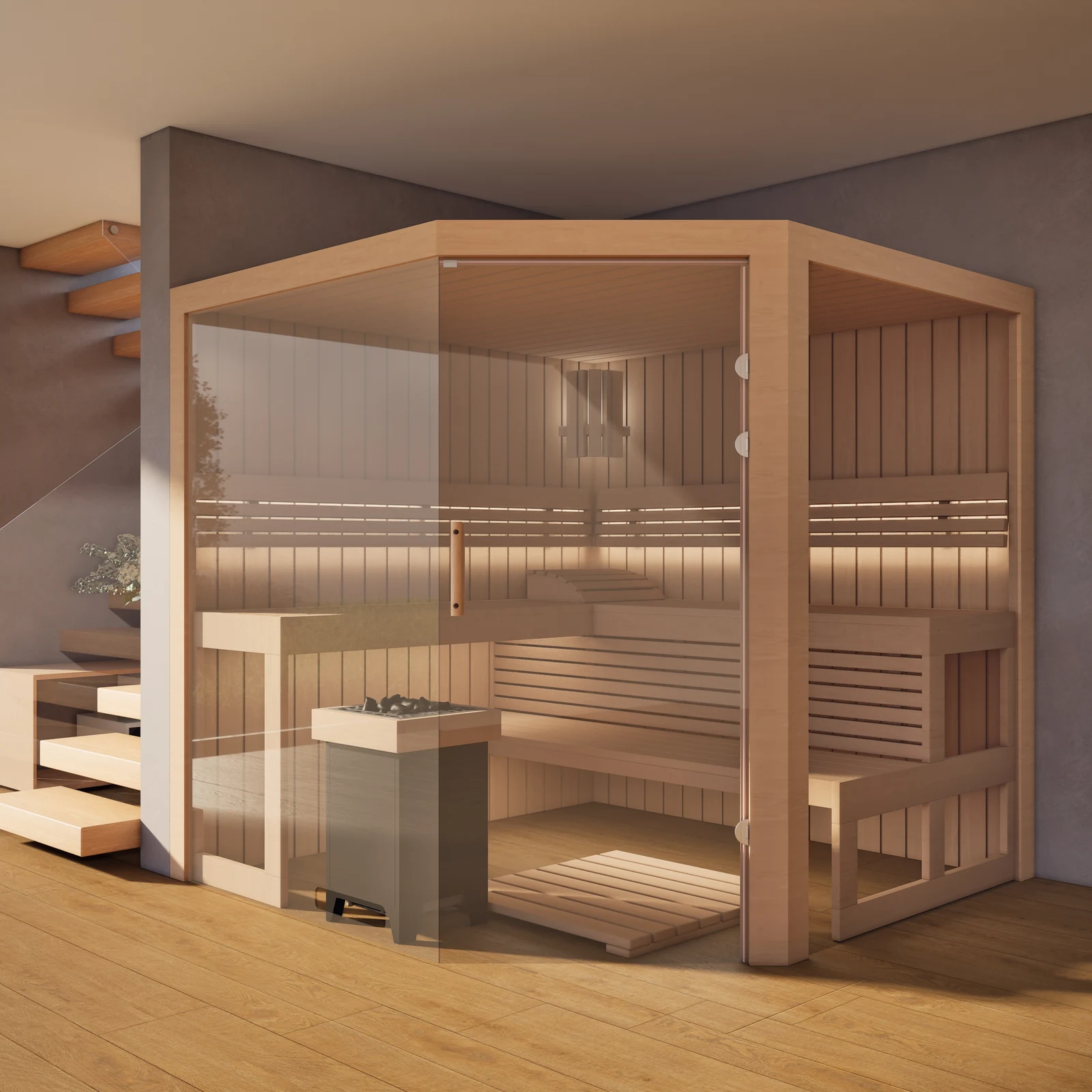 polarholz-athen-ecksauna-erle-5-eck-glas-bodentief-ofen-set image 1