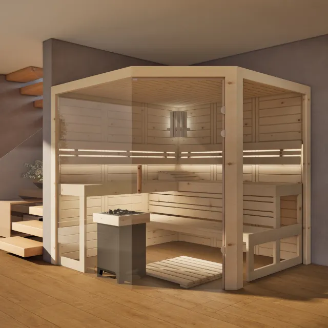 polarholz-athen-ecksauna-zirbenholz-5-eck-glas-ofen-set-ma image 1
