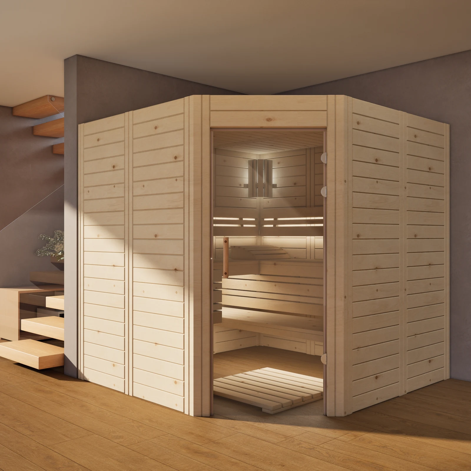 polarholz-athen-ecksauna-zirbenholz-5-eck-mit-ofen-set image 1