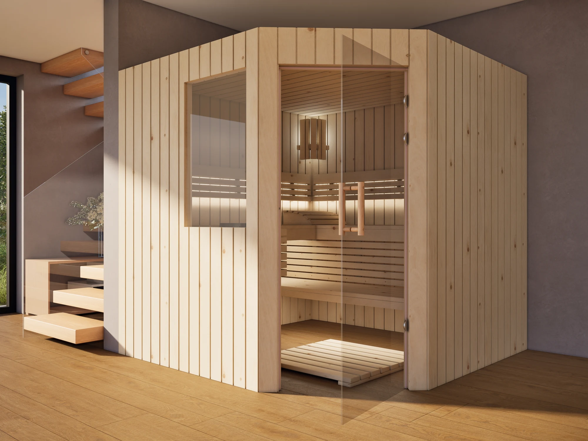 polarholz-athen-ecksauna-zirbenholz-5-eck-ofen-set-ma image 3