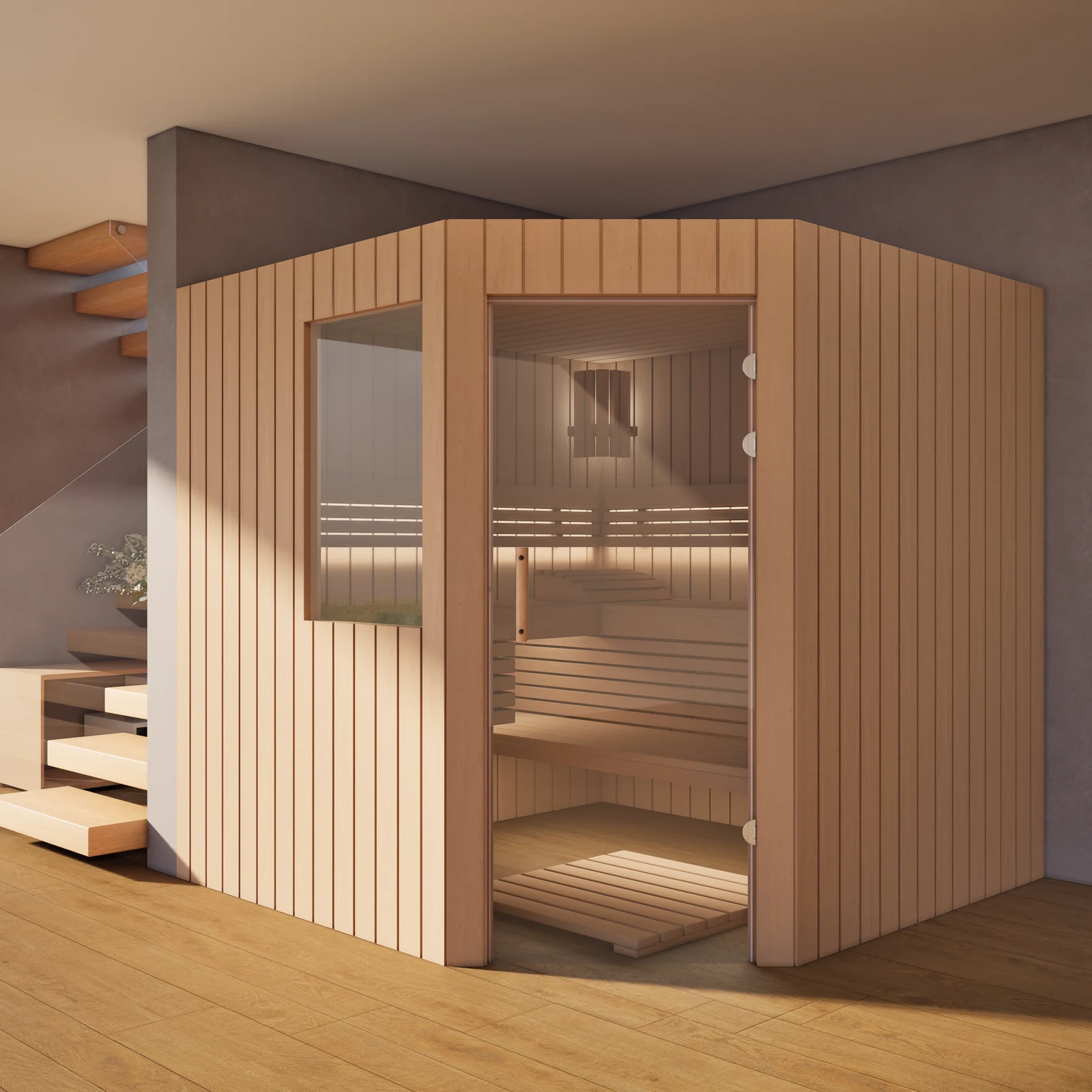 polarholz-athen-5-eck-ecksauna-erlenholz-mit-ofen-set-nach-ma image 1